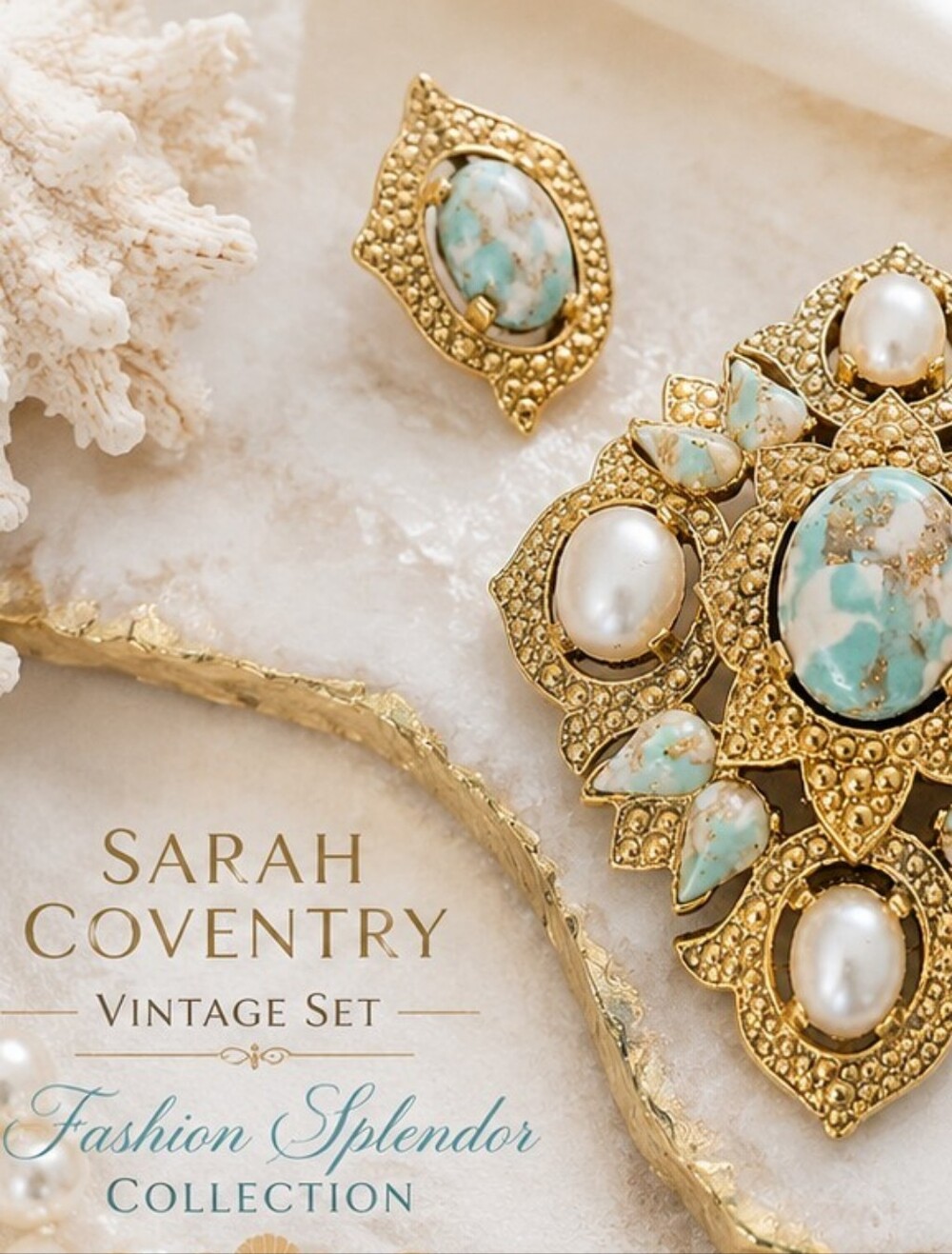 Vintage Sarah Coventry Fashion Splendor Brooch Earring Set Faux Turquoise Faux - Picture 1 of 8